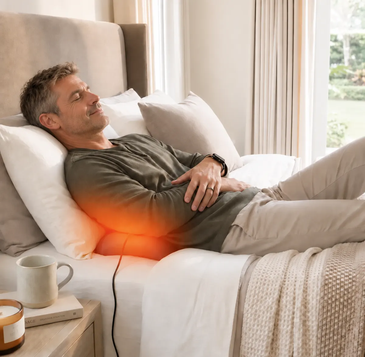 Man reclining in bed with the heated SpineEase cushion behind his lower back