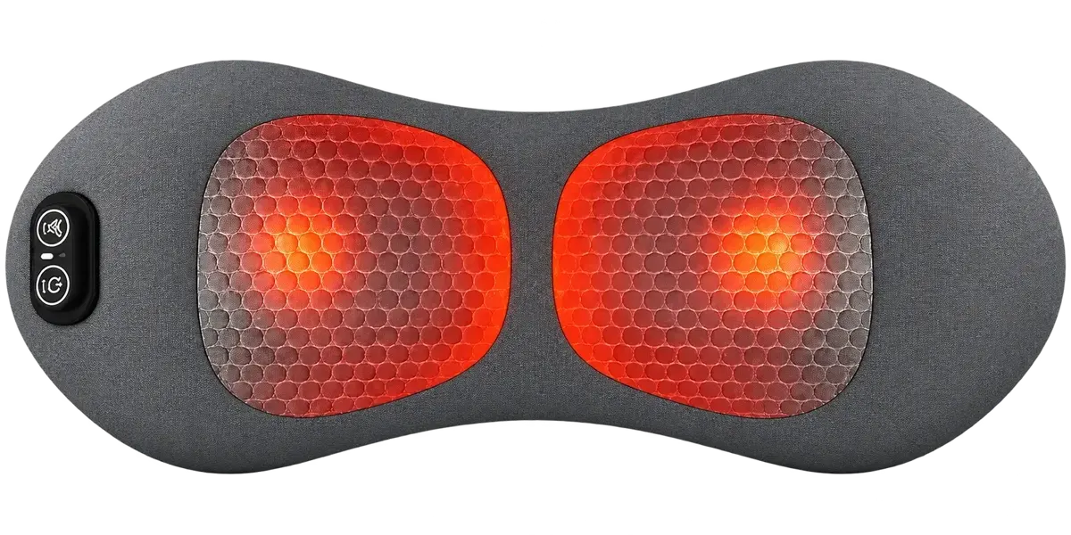 Diagram of the Orevive SpineEase showing two heated zones glowing either side of the cushion
