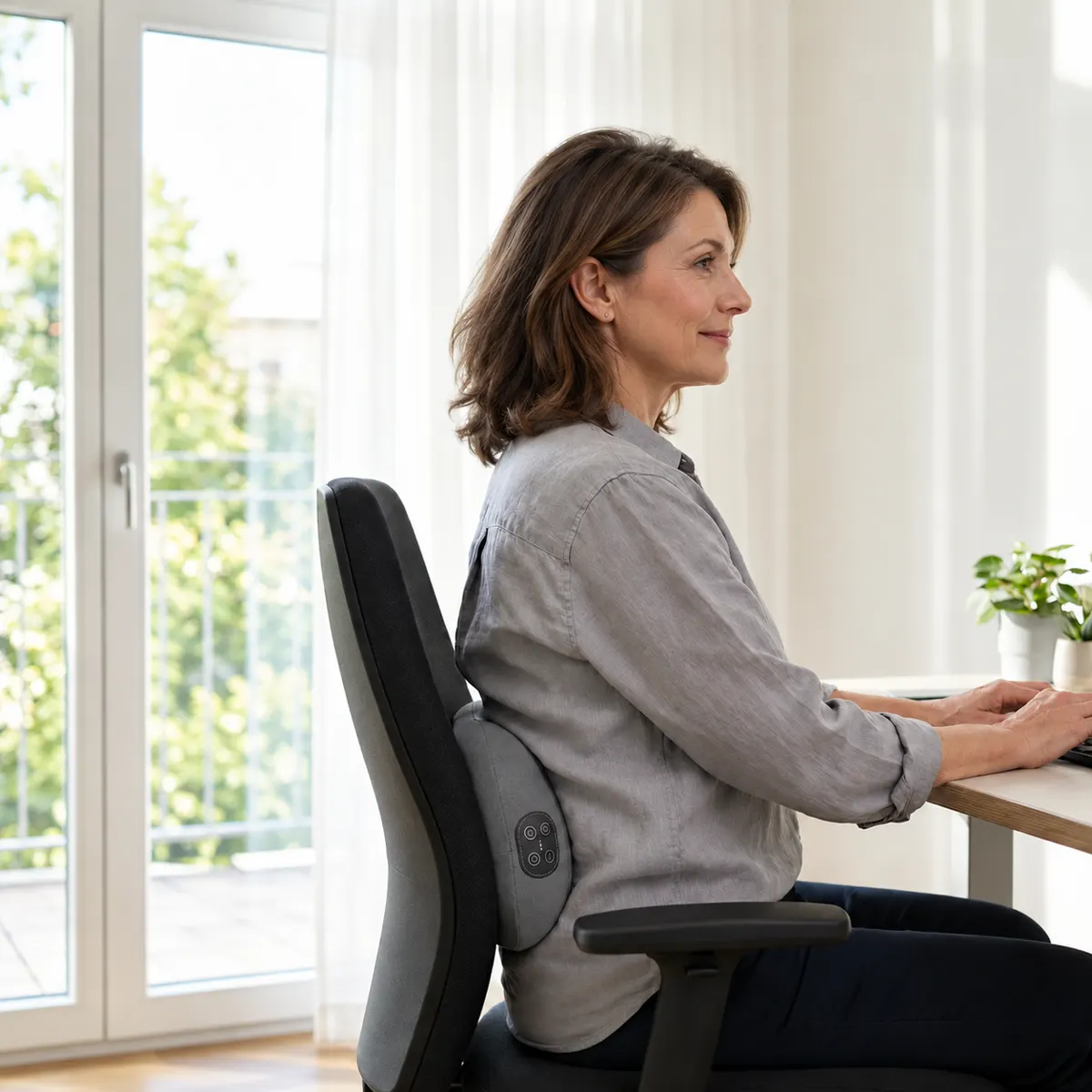 Woman sitting in a chair with the SpineEase cushion behind her back