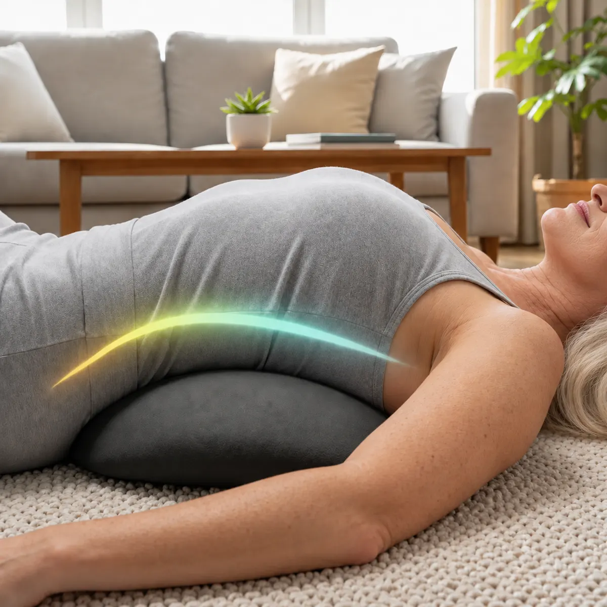 Woman lying on a rug with SpineEase under her back