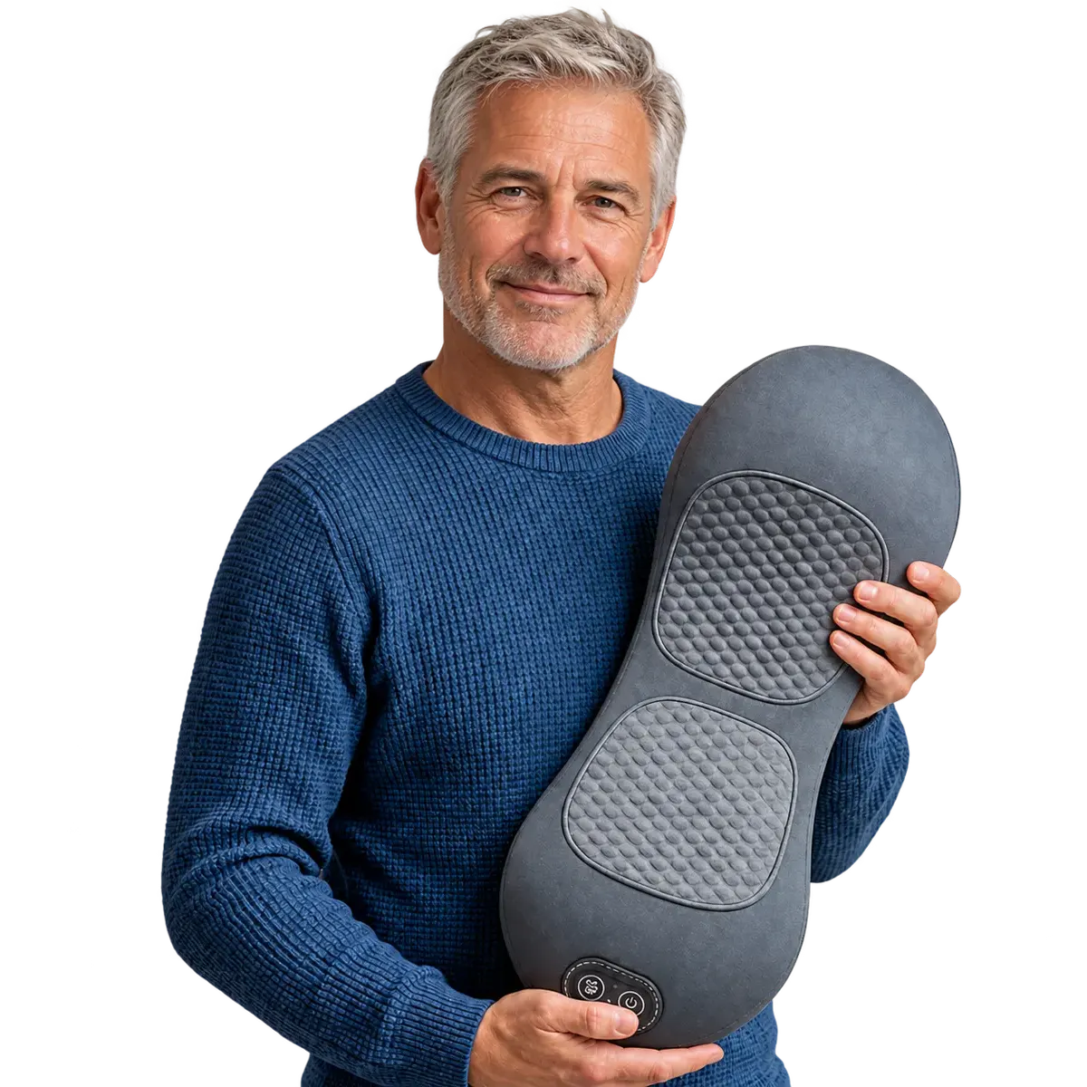 Smiling silver-haired man holding the Orevive SpineEase cushion